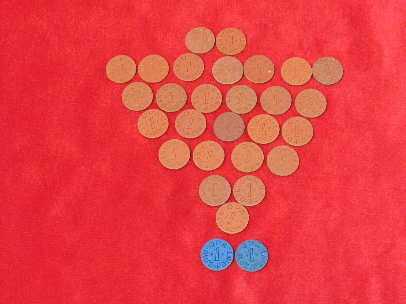 Vintage WWII OPA Lot Of 29 Ration Tokens. 25 Red, 2 Blue and 2 Red Uncommon.