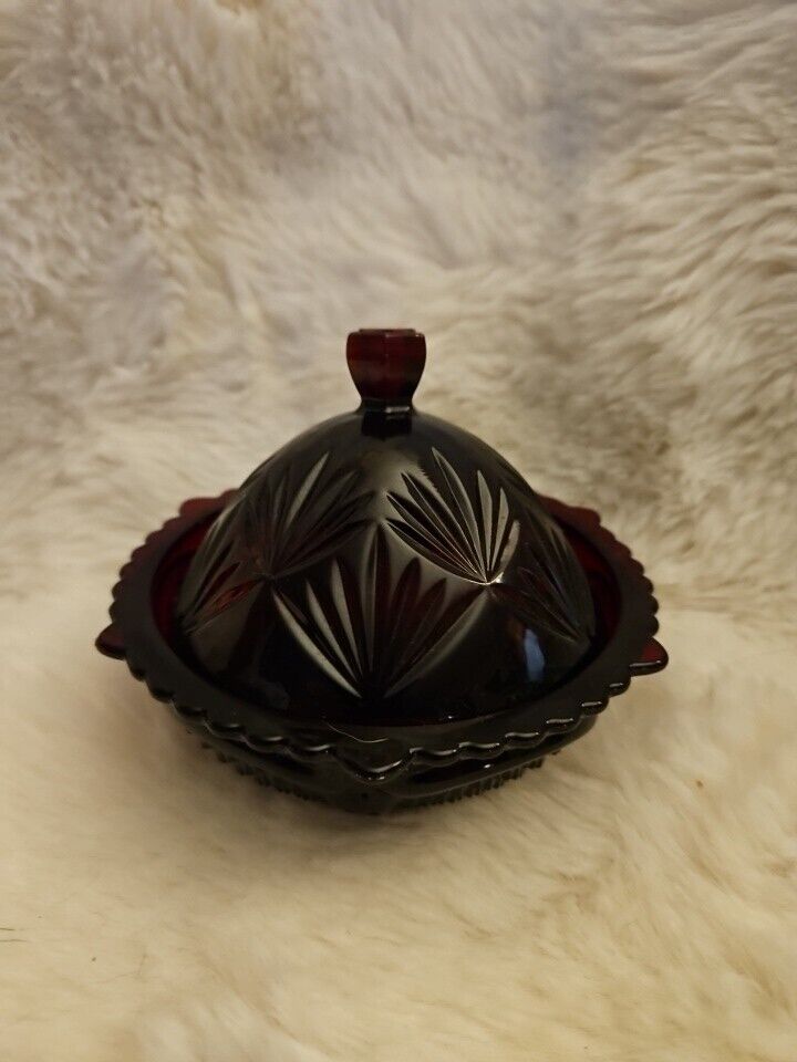 Avon 1876 Cape Cod Collection Ruby Red Cranberry Glass 5in Dessert Bowl With Lid