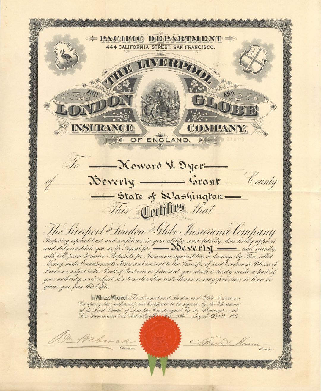 Agency Appointment for the Liverpool and London and Globe Insurance Company of E