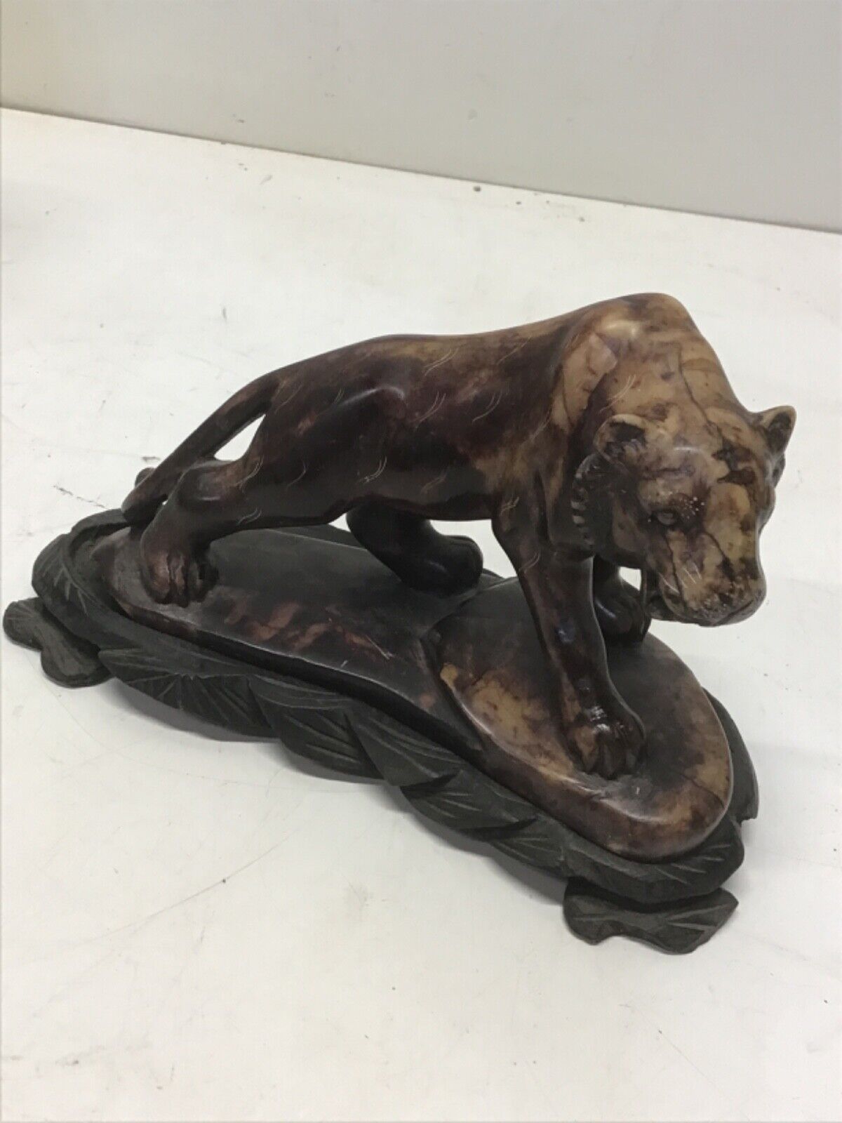 Vintage Possibly Antique Chinese Stone Mineral Carving Tiger With Wood Stand