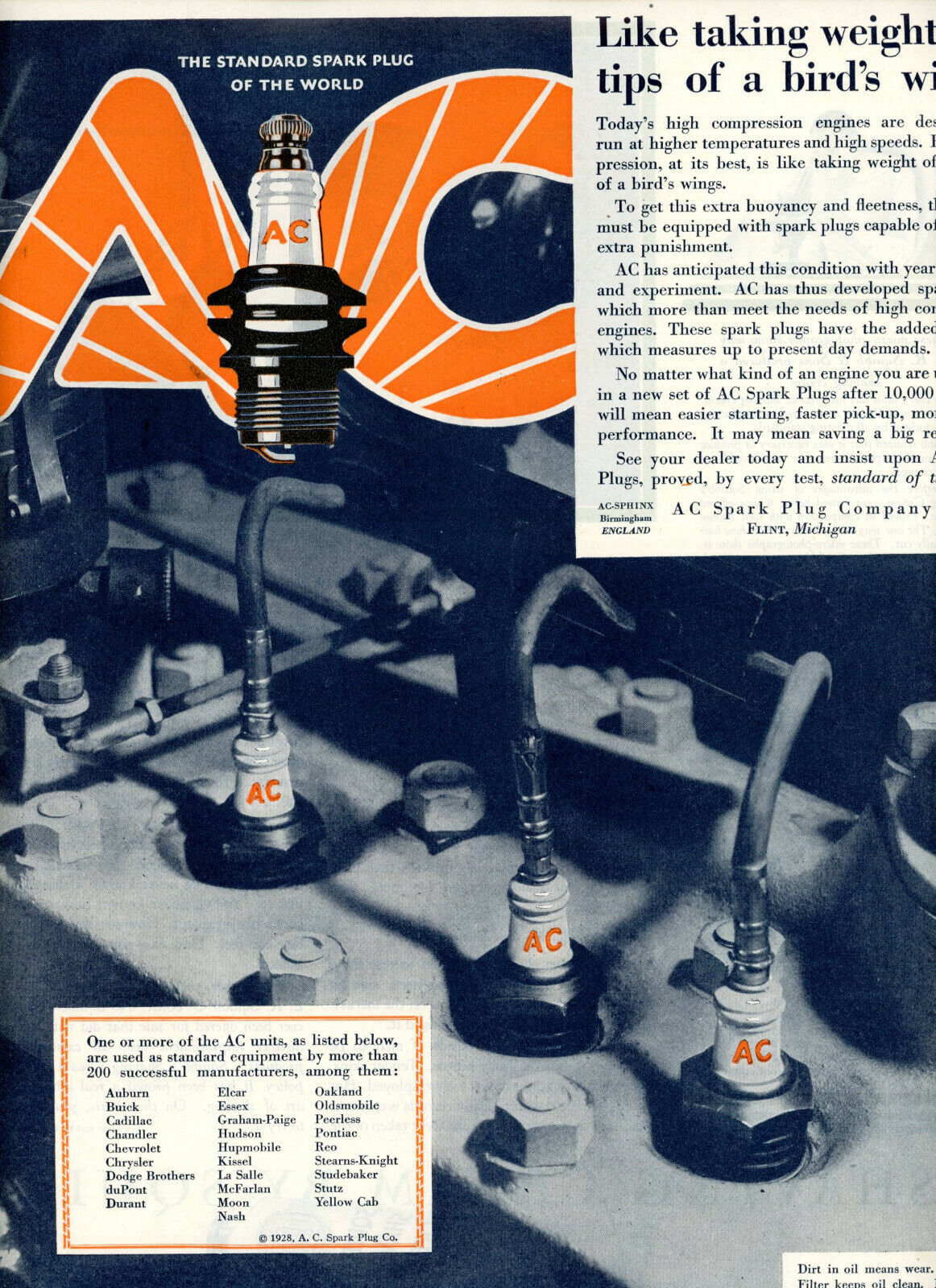 1928 Original AC Spark Plugs Ad.  Close-Up Photo Of Engine Block. Big Page