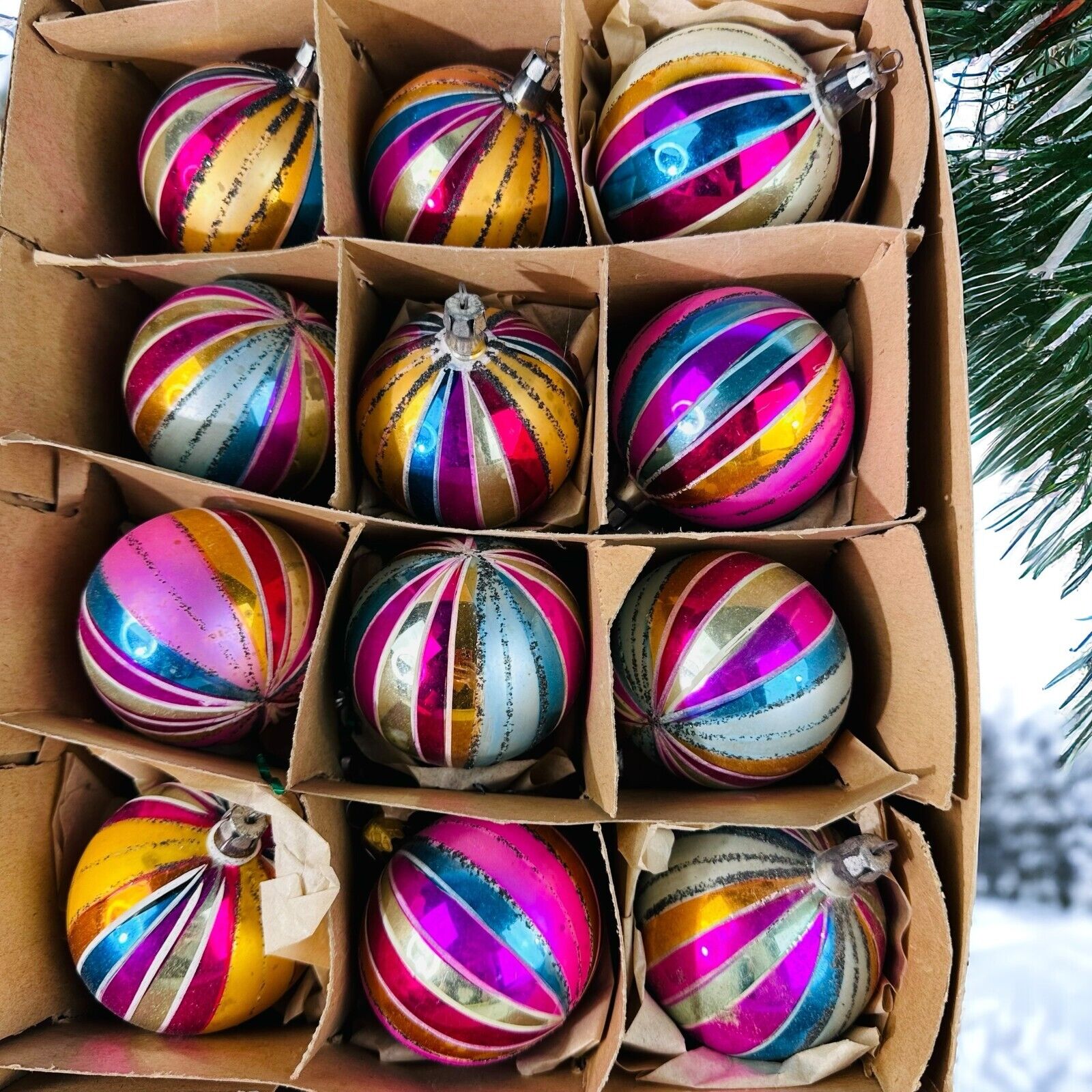 vtg 1 dz mercury glass Christmas tree Ornaments  beautiful stripes