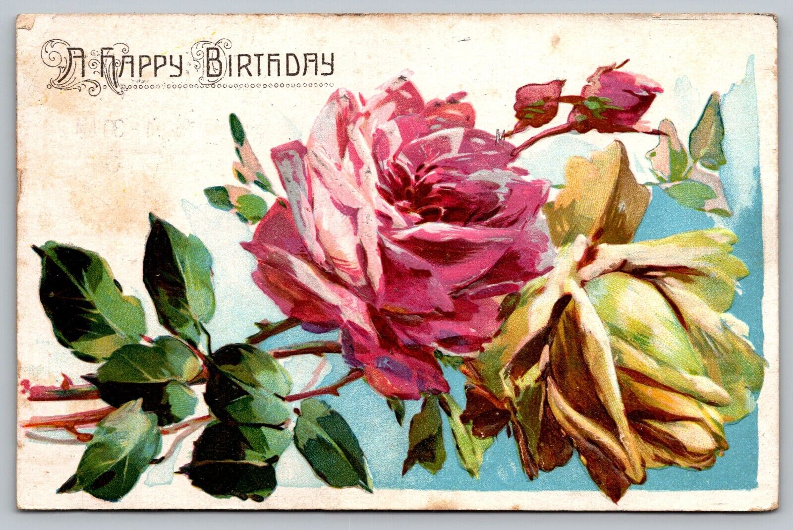 Postcard A Happy Birthday Greetings Embossed Pink And Yellow Roses VTG 1910  H18
