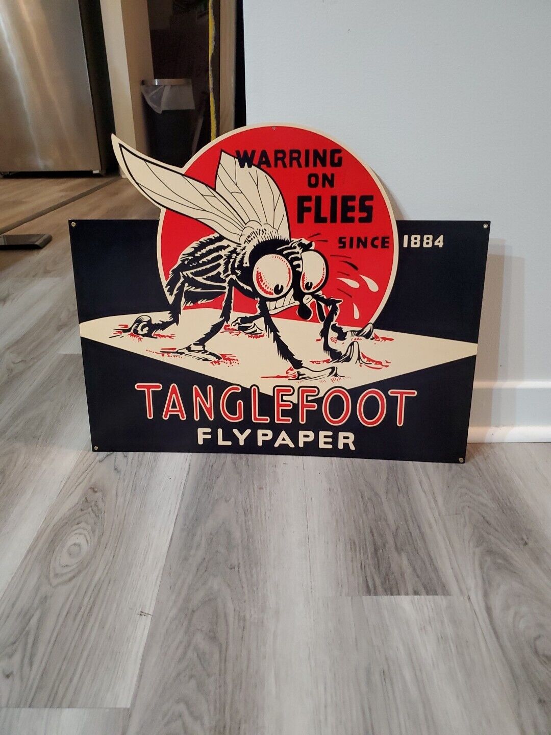 Vintage Tanglefoot Sign Metal Fly Paper Since 1884 Bugs Gas Oil Grocery COOL 