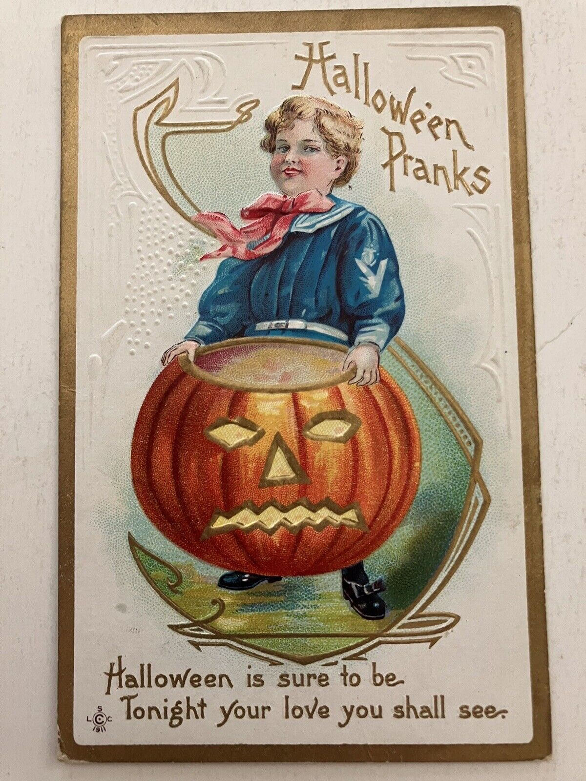 Postcard Halloween Vintage Series 226F Halloween Pranks, Boy With JOL