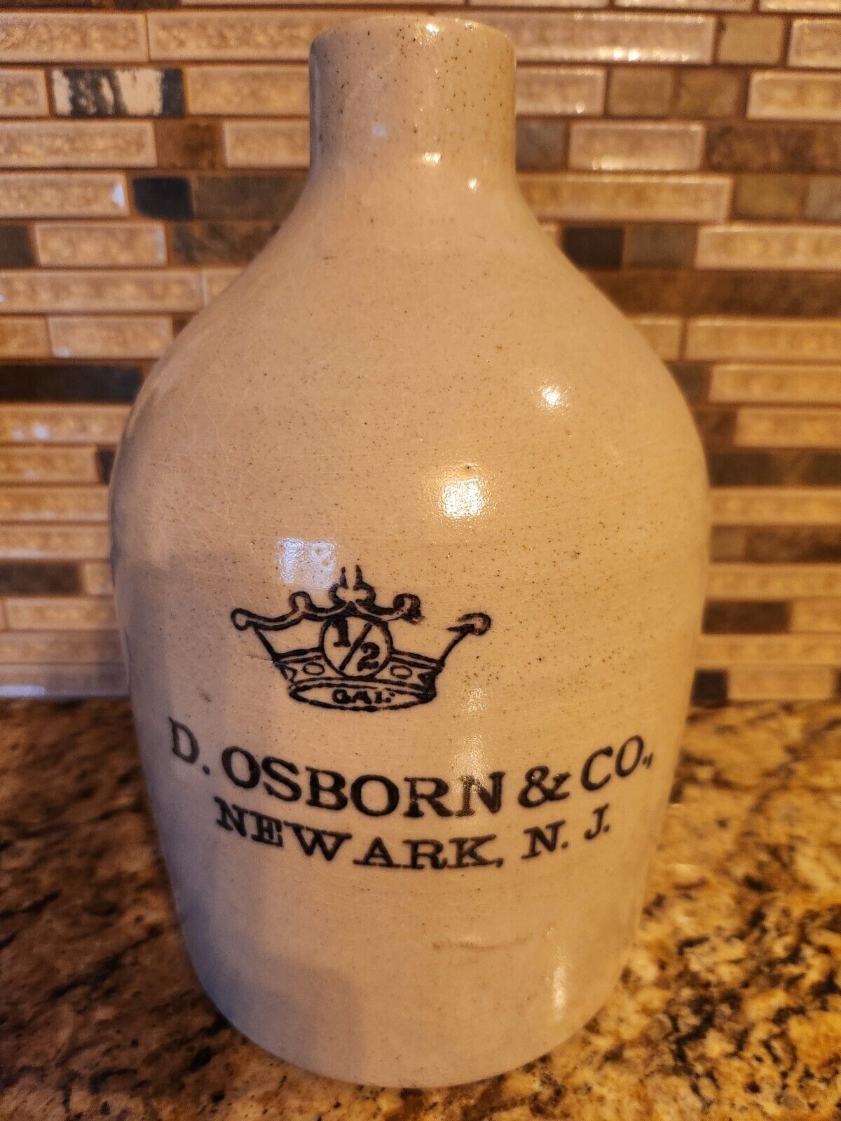 Sm Nice Stoneware Jug Signed  D. Osborn & Company Newark N.J. Whiskey 1/2  Gal