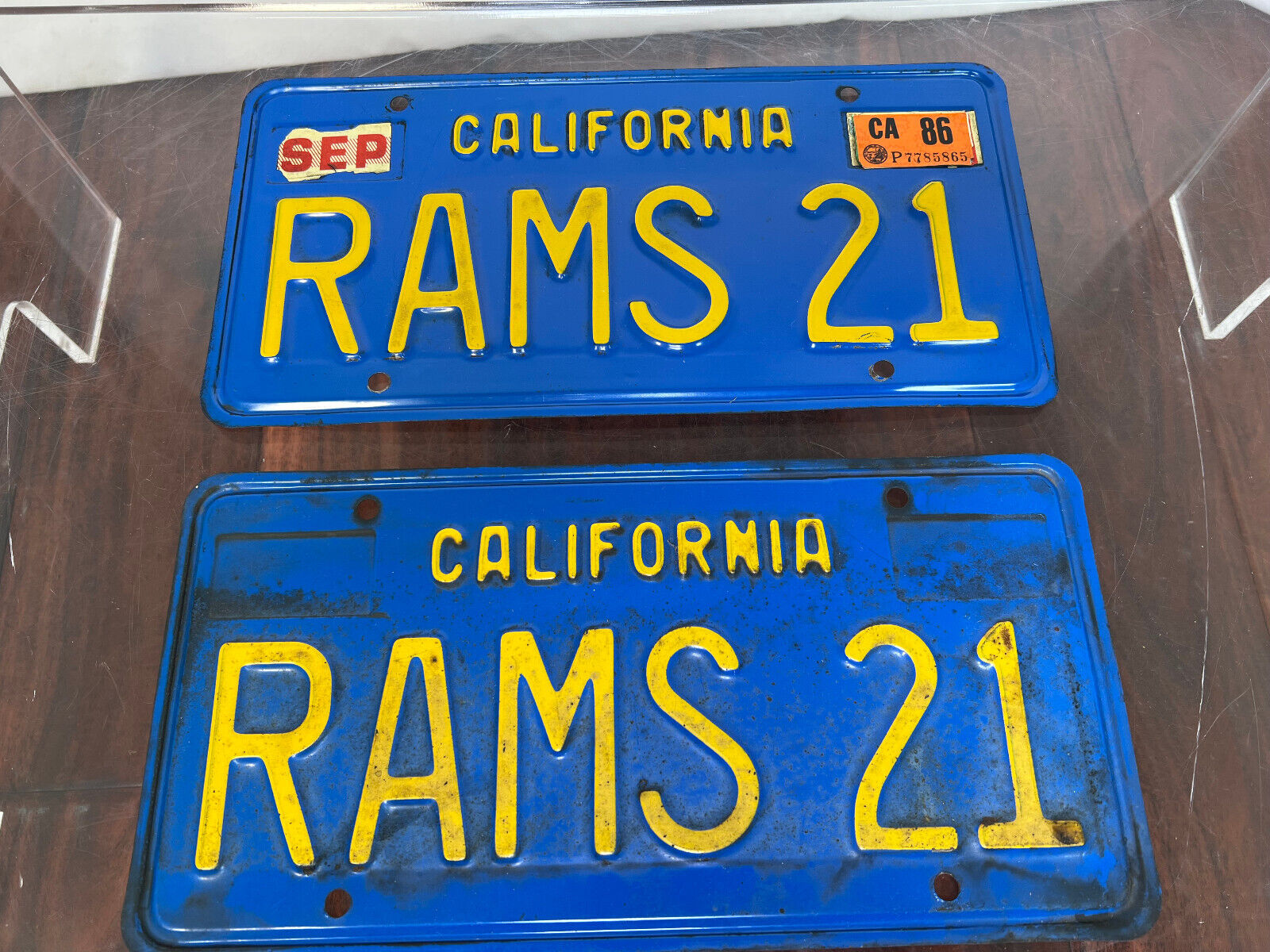 Original 1980s California Blue & Yellow License Plate LA Los Angeles RAMS 21