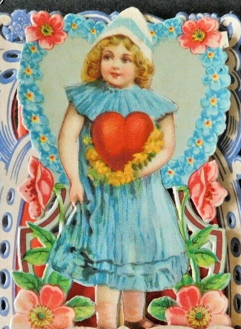 Antique Victorian Era German Die Cut Fold Out Valentine Girl in Blue V260