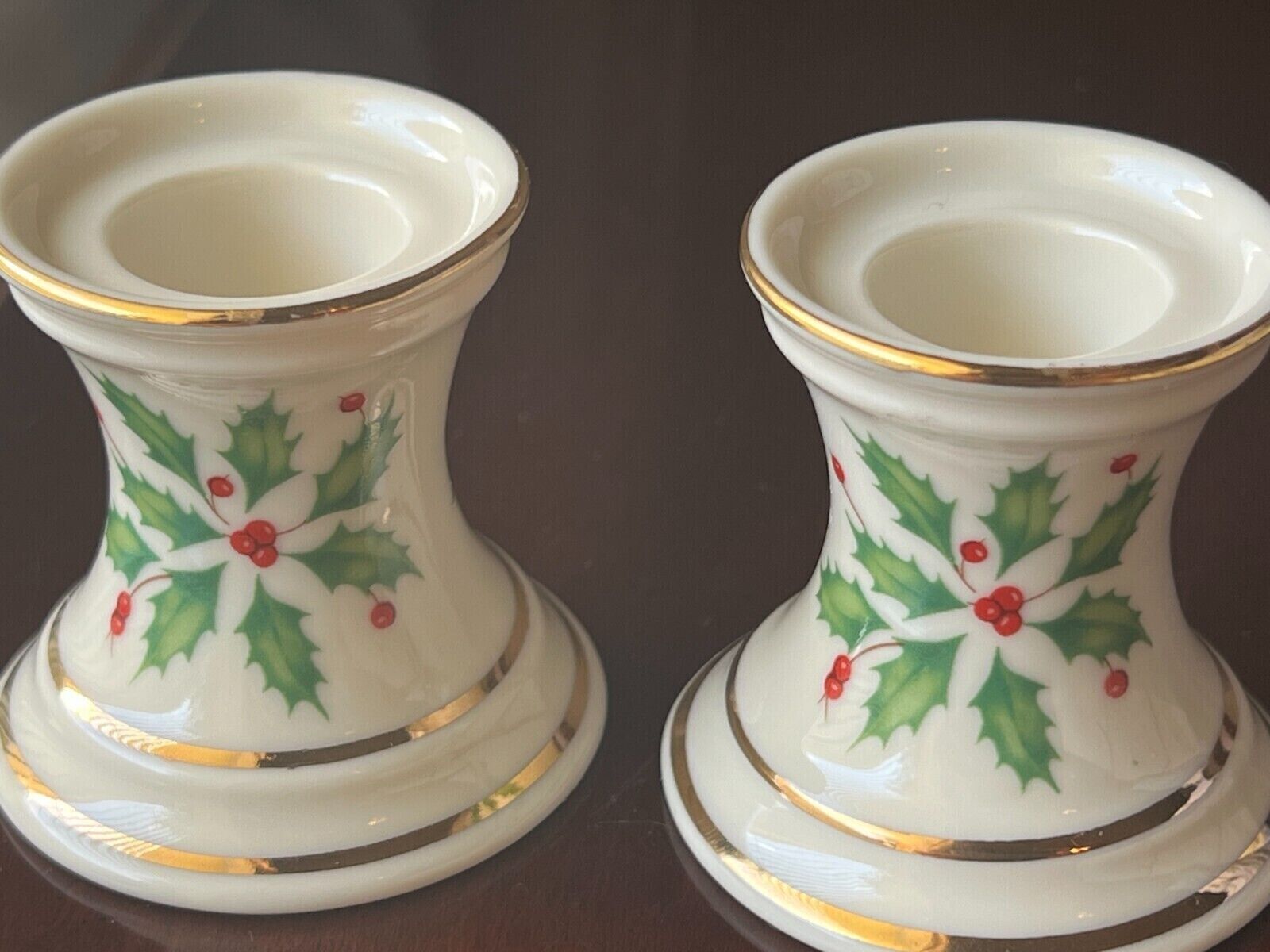 Lenox Holiday Dimension 2 Candlestick Holders, Holly Berry 24K Gold Detail. USA