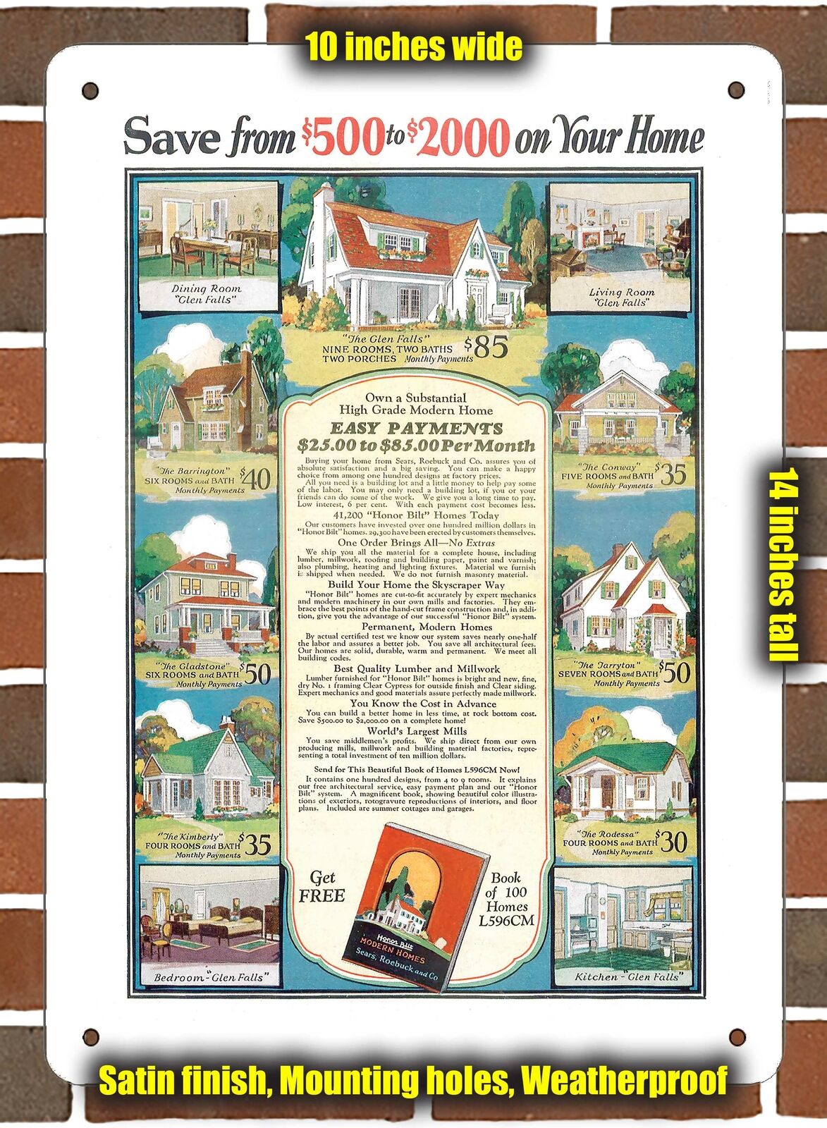 Metal Sign - 1928 Sears Houses from $30 a Month- 10x14 inches