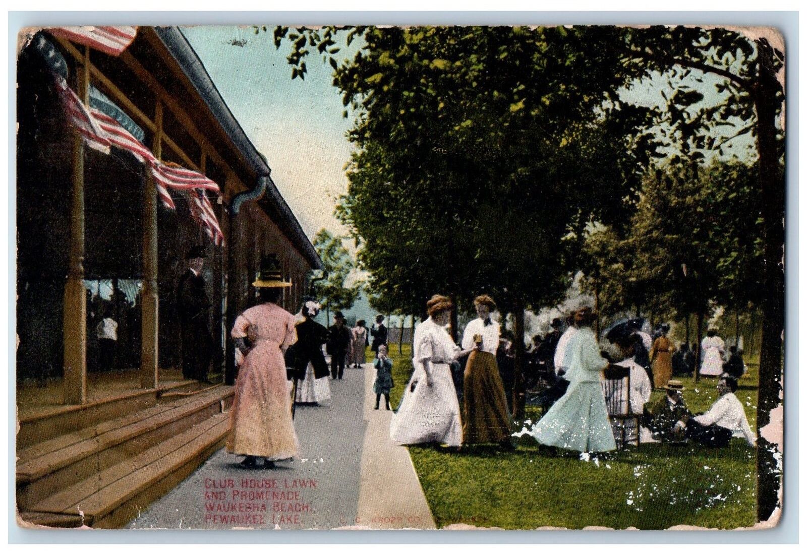Waukesha Wisconsin WI Postcard Club House Lawn And Promenade People Scene 1912