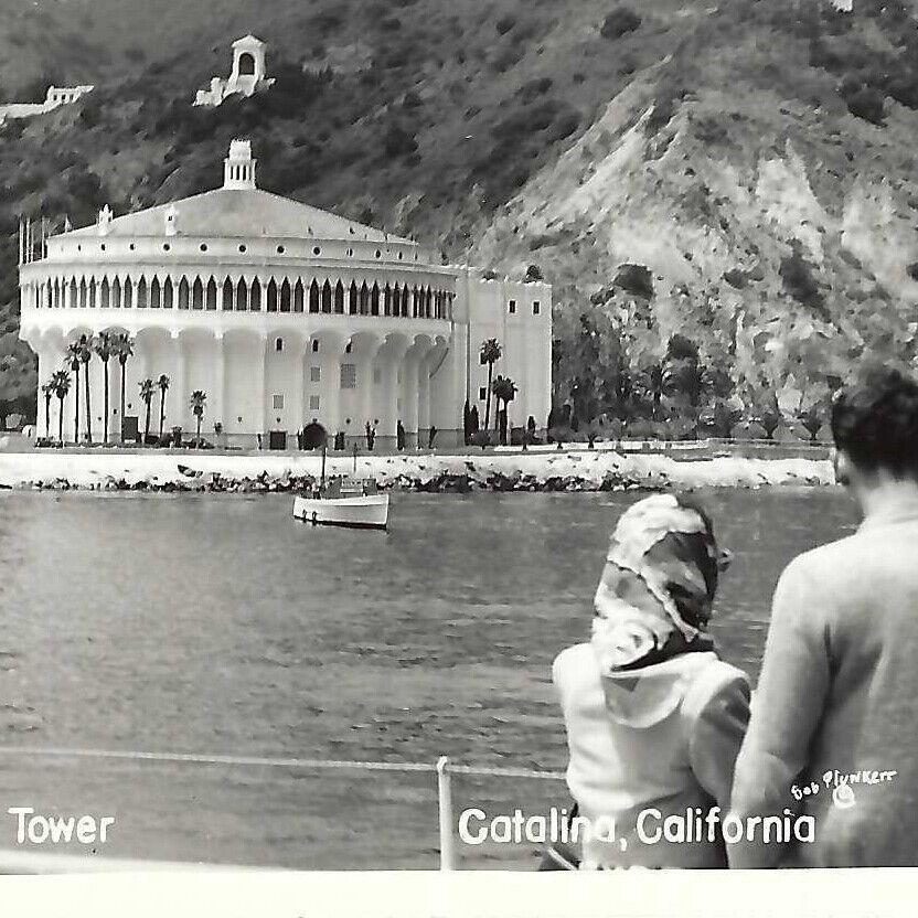 Vintage 1940s RPPC Catalina Island Postcard Casino Chimes Tower Boat People
