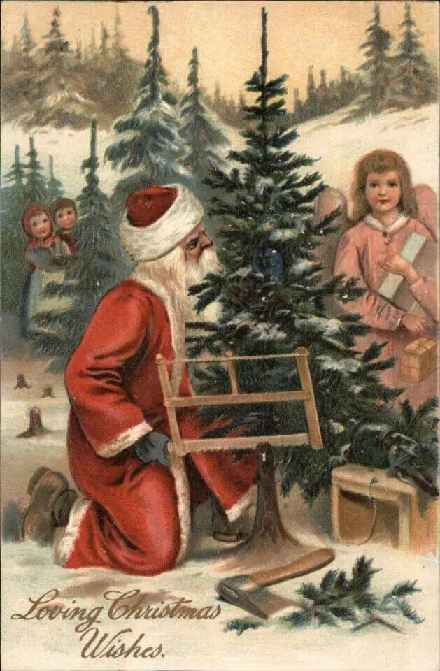 CHRISTMAS~Santa Claus Cuts Tree with Angel~Children Antique PFB Postcard-k113