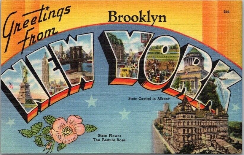 c1940s Brooklyn, NEW YORK Large Letter Postcard State Capitol & Flower Linen