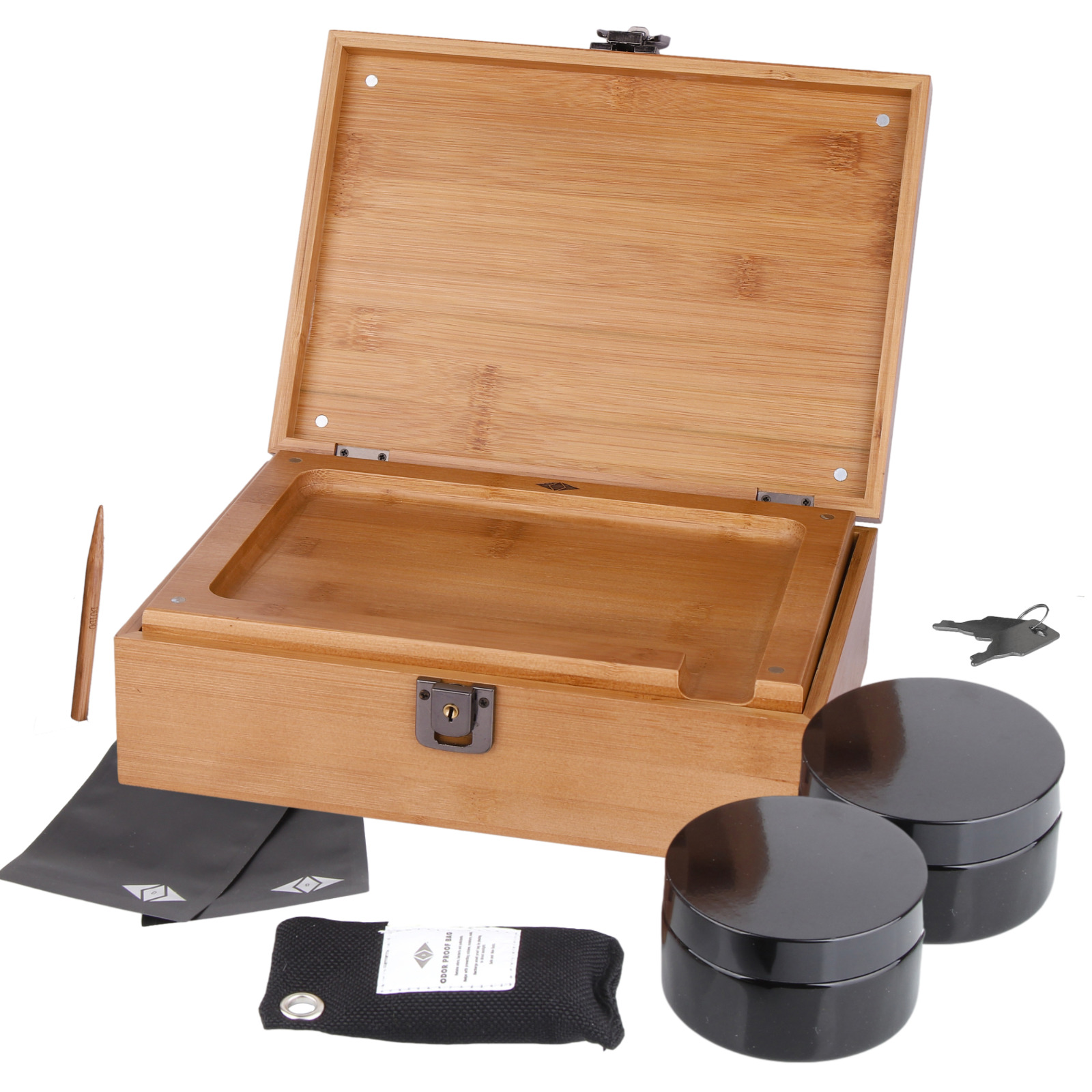Premium Bamboo Large Stash Box Kit with Lock Wood Rolling Tray and Accessories