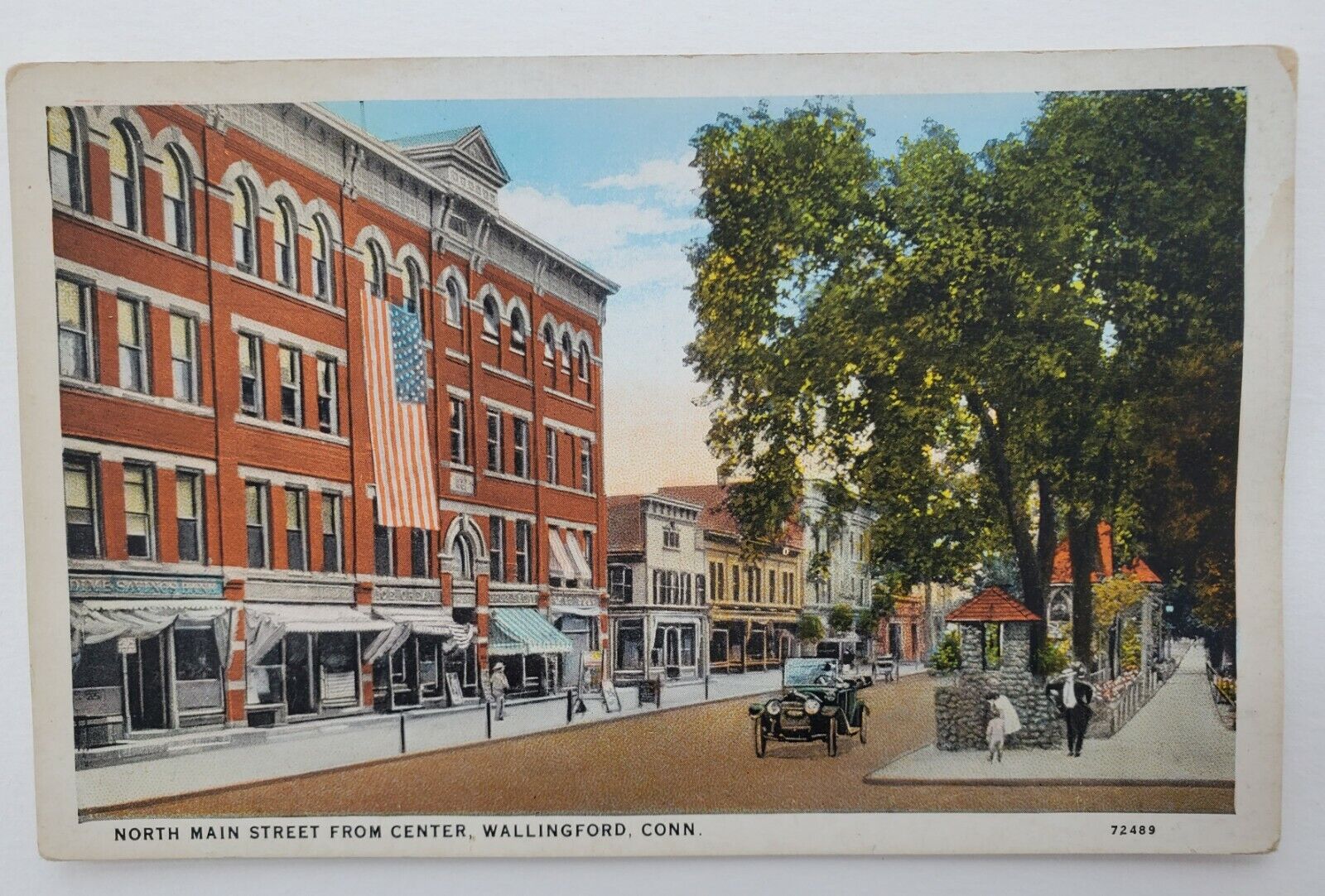 Wallingford, CT North Main Street from Center Flag White Border Postcard K26