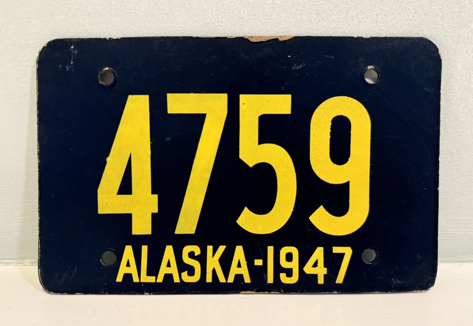 1947 Alaska License Plate 4759 ALPCA Garage Decor Fiberboard WW2 Era