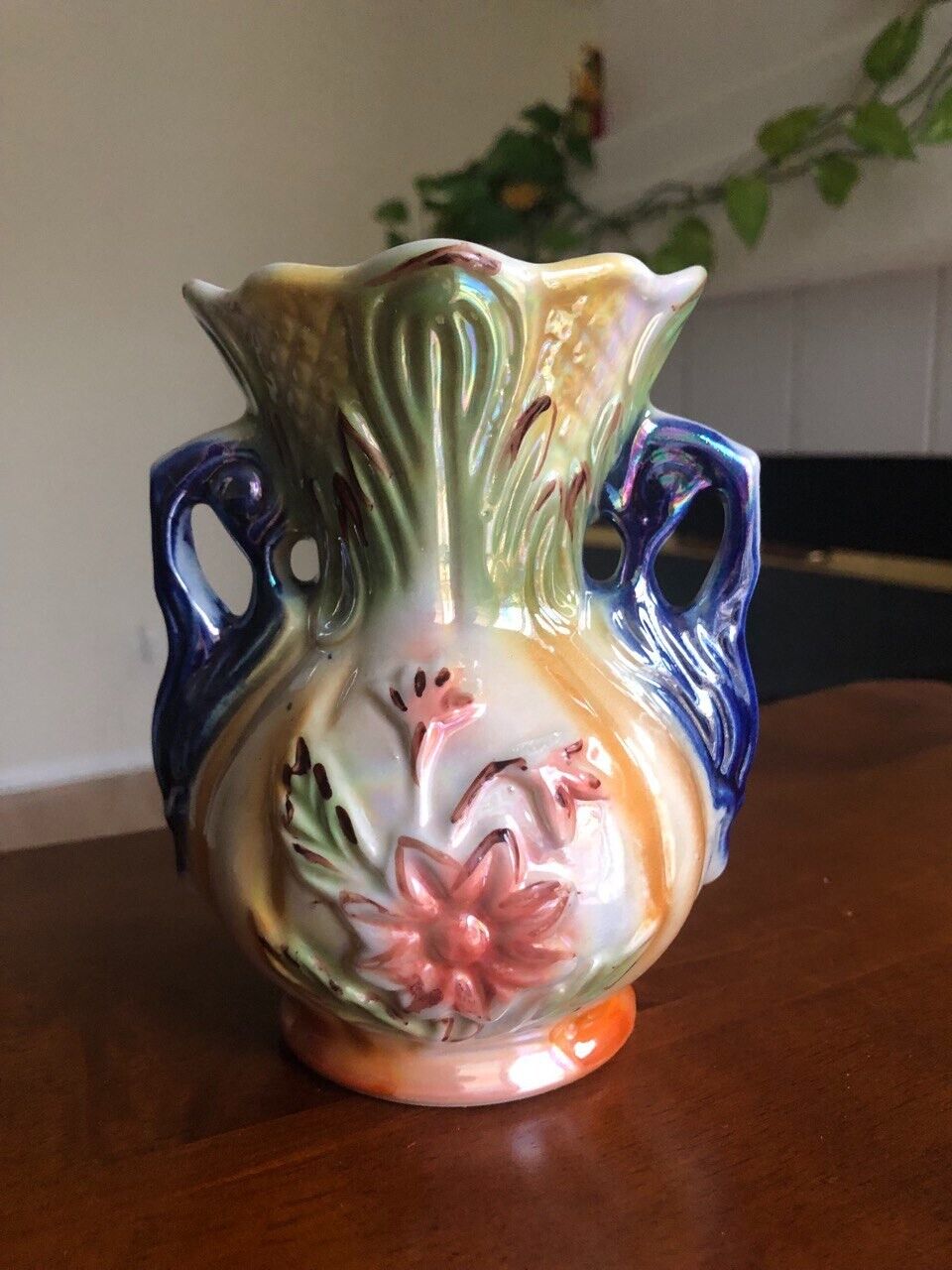Vintage  Luster Ceramic  Porcelain Vase Double Handled Hand Painted Floral
