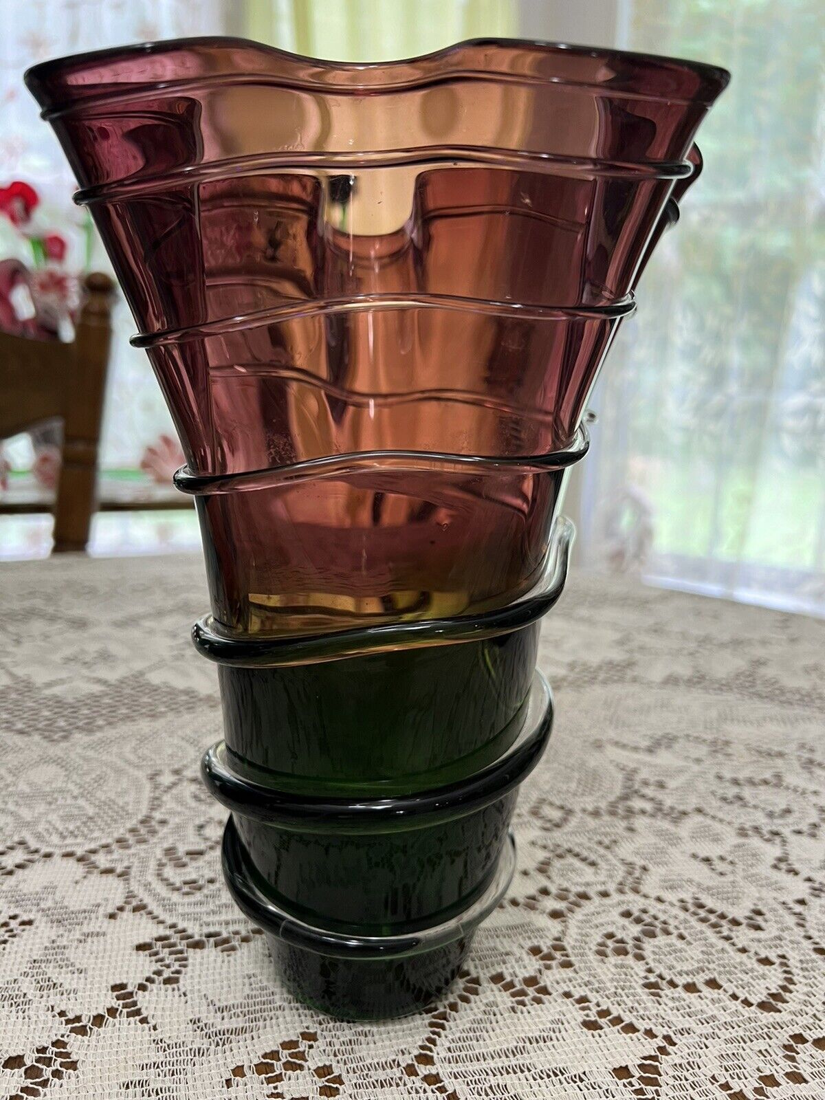 Vintage Purple/Green Glass Swirled 10’ Large Vase