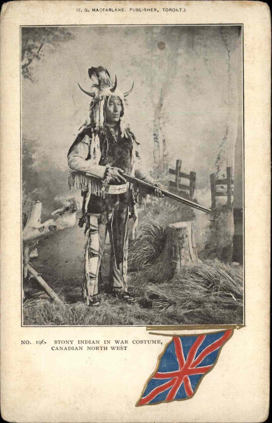 Stony Indian Native Americana Gun Canadian NW Flag c1910 SCARCE Postcard