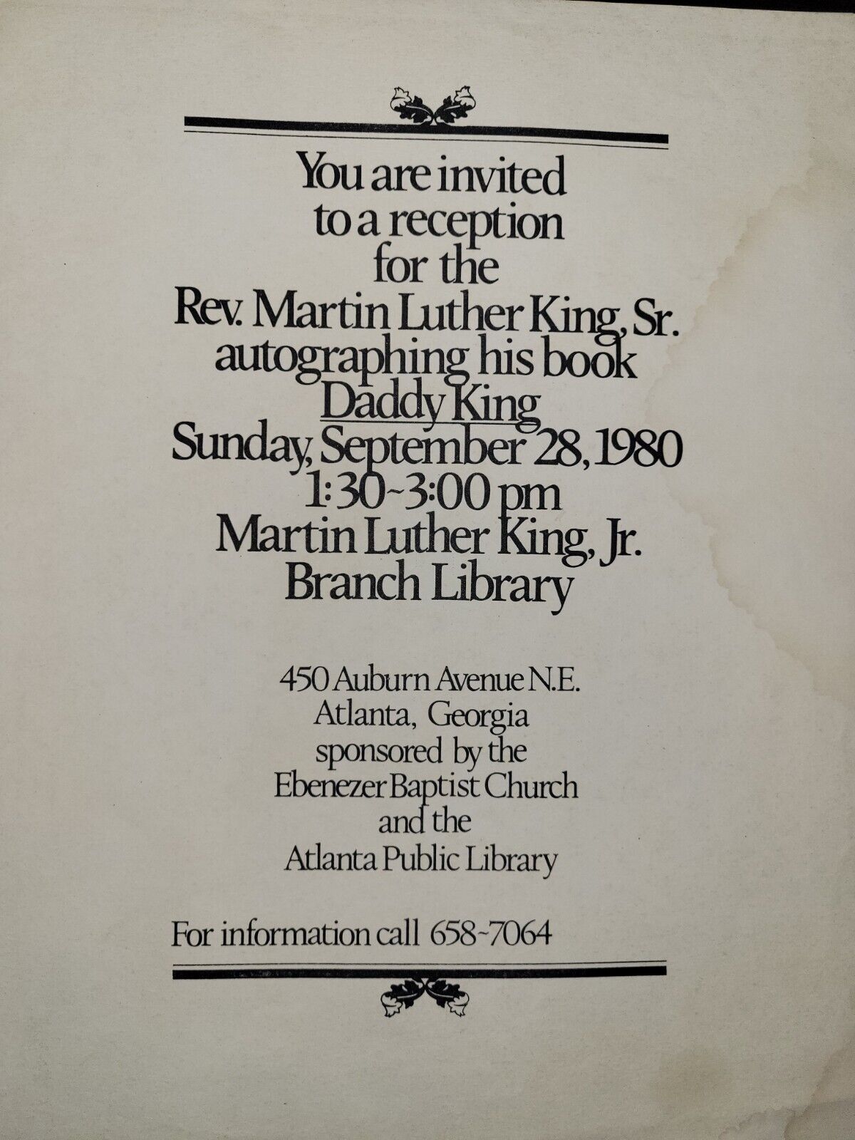 Super Rare Martin Luther King's Father Daddy King Book Signing Flyer Atlanta...