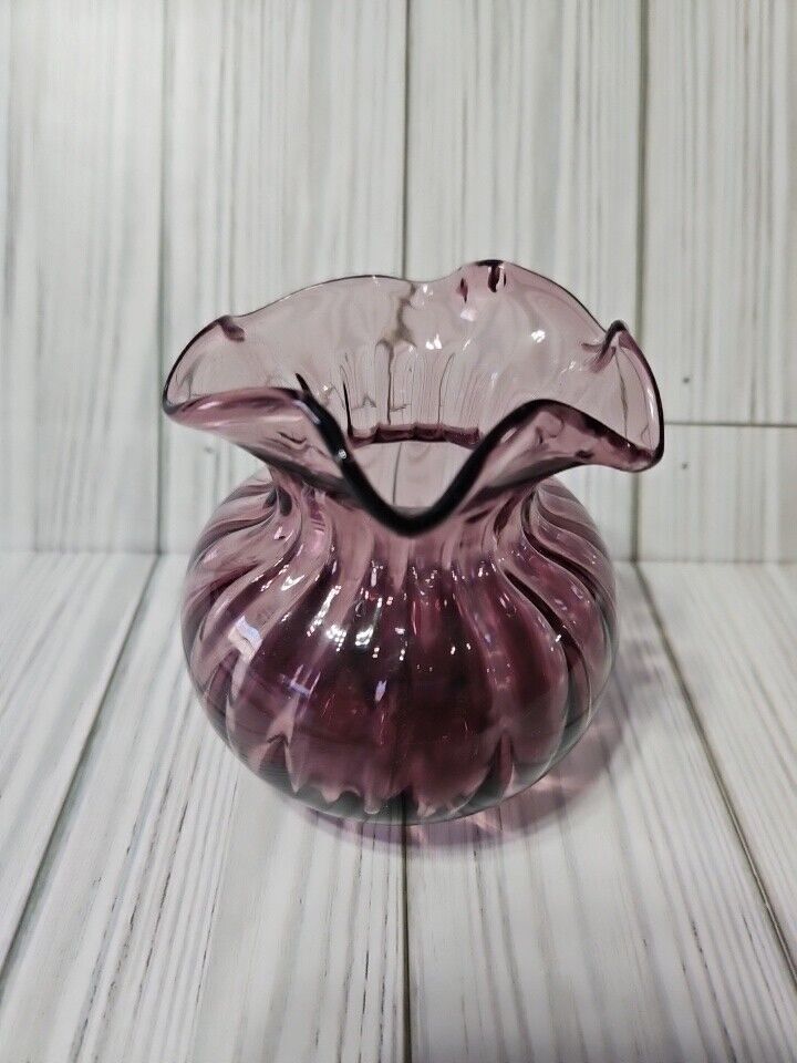  Amethyst Ruffled Hand Blown Art Glass Vase  Pontil Bottom Vintage