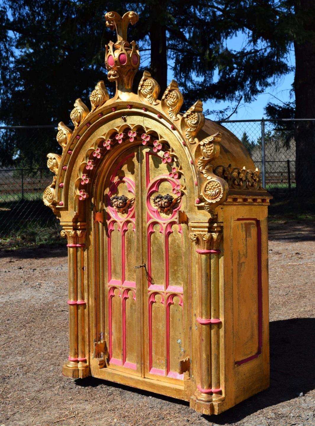 Large Antique French Gilded Tabernacle/Shrine/Cabinet with Hand Painted Angels