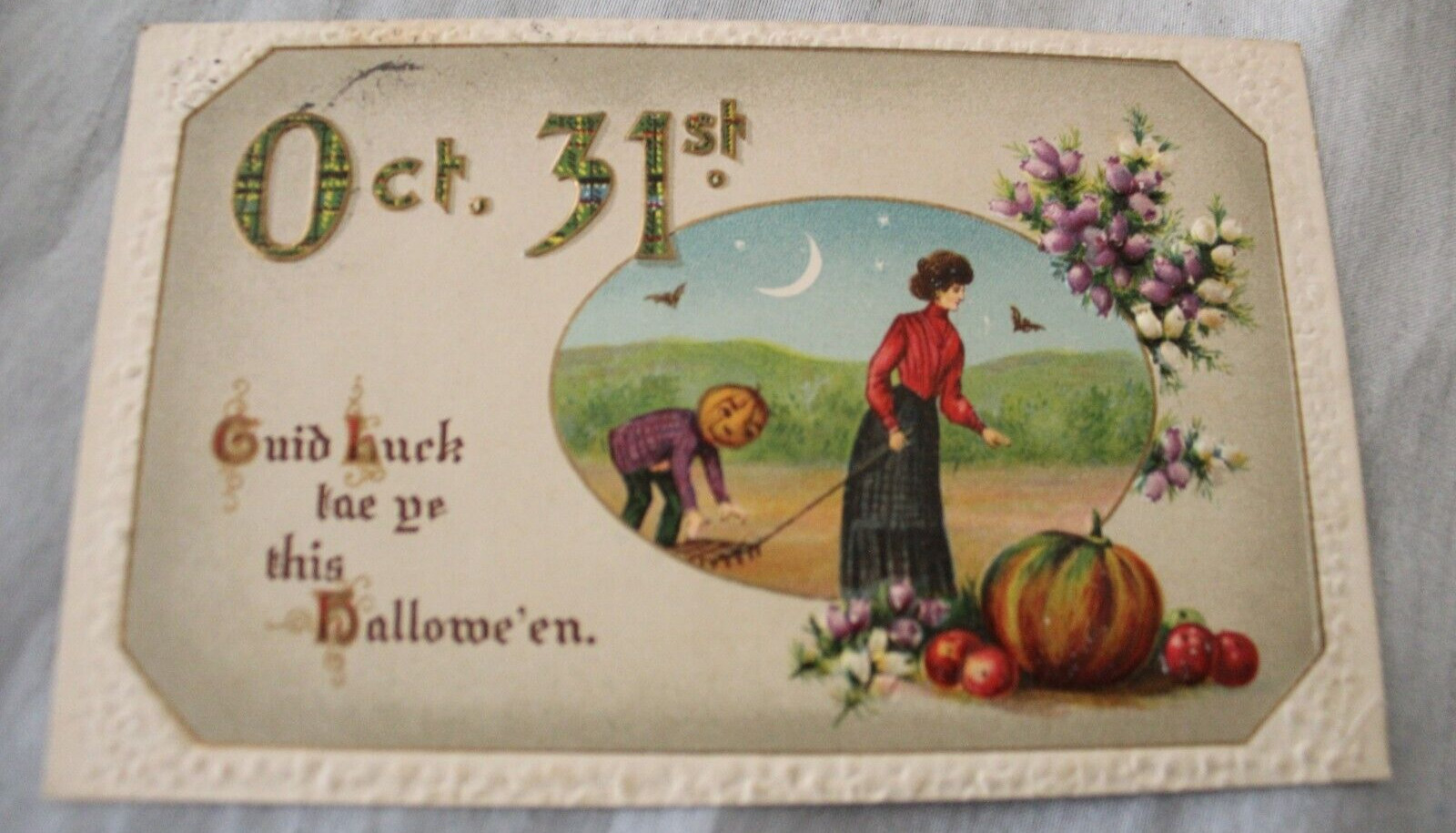 Antique Early 1900s Halloween Postcard Good Luck Pumpkin Head Embossed Germany