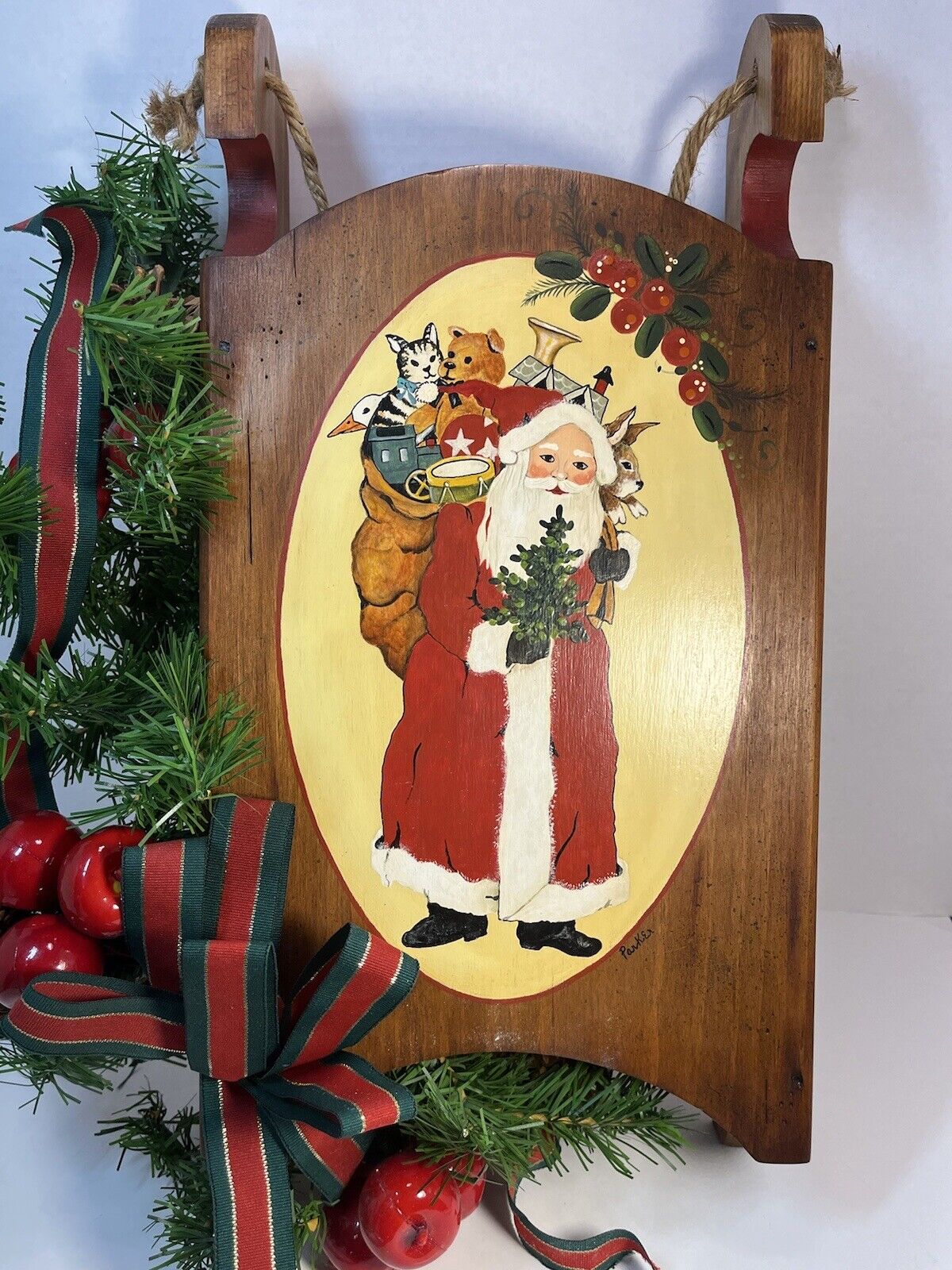 VTG Wooden Sleigh Santa Holly Ivy Decor Hand Painted Christmas