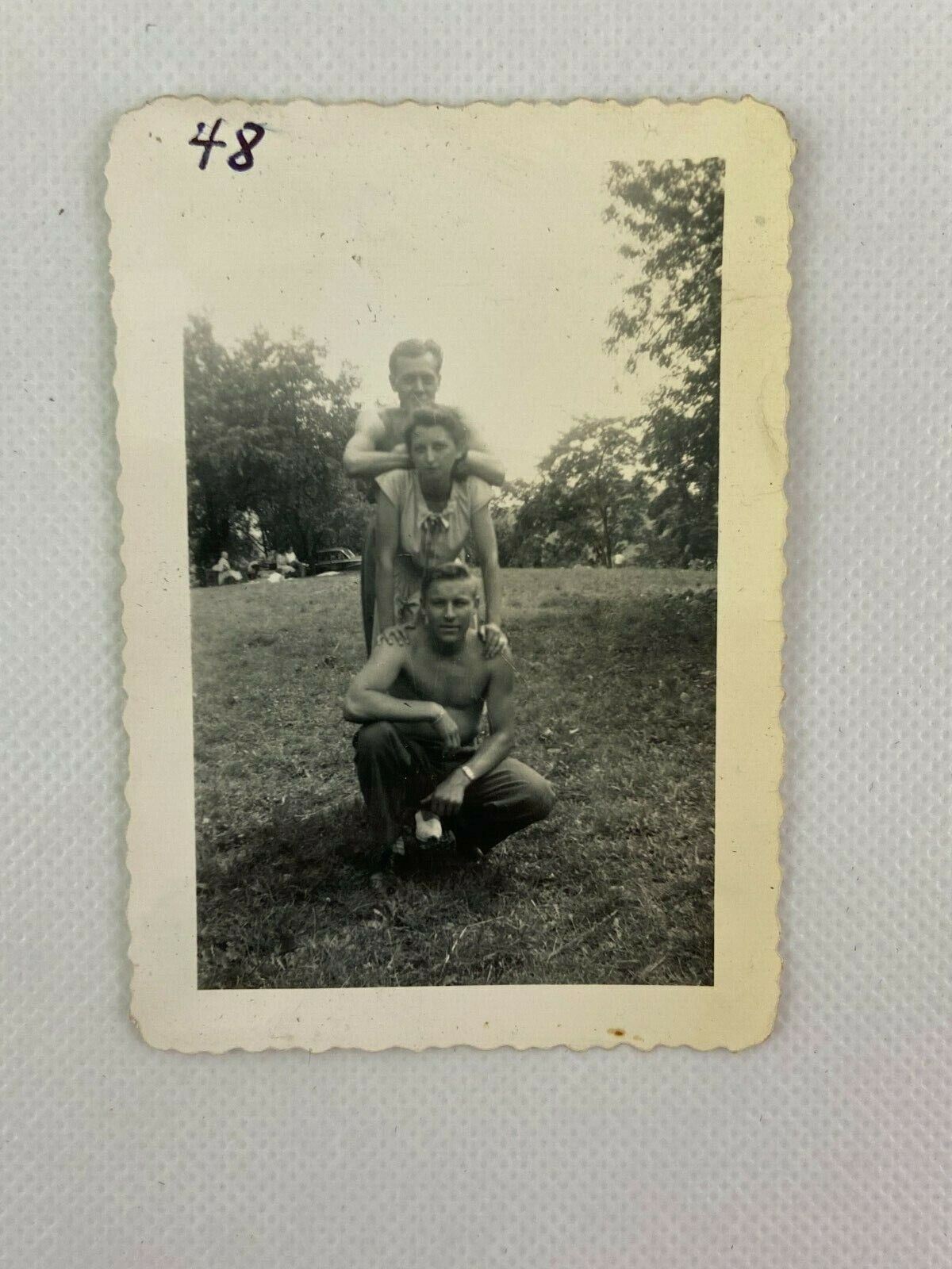 Two Shirtless Men Woman Stacked  B&W Photograph 2.5 x 3.5