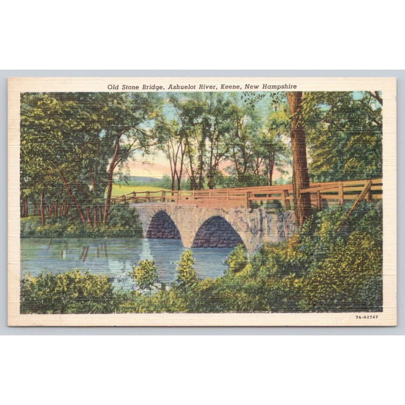 Postcard Old Stone Bridge Ashuelot River Keene New Hampshire Linen Vintage