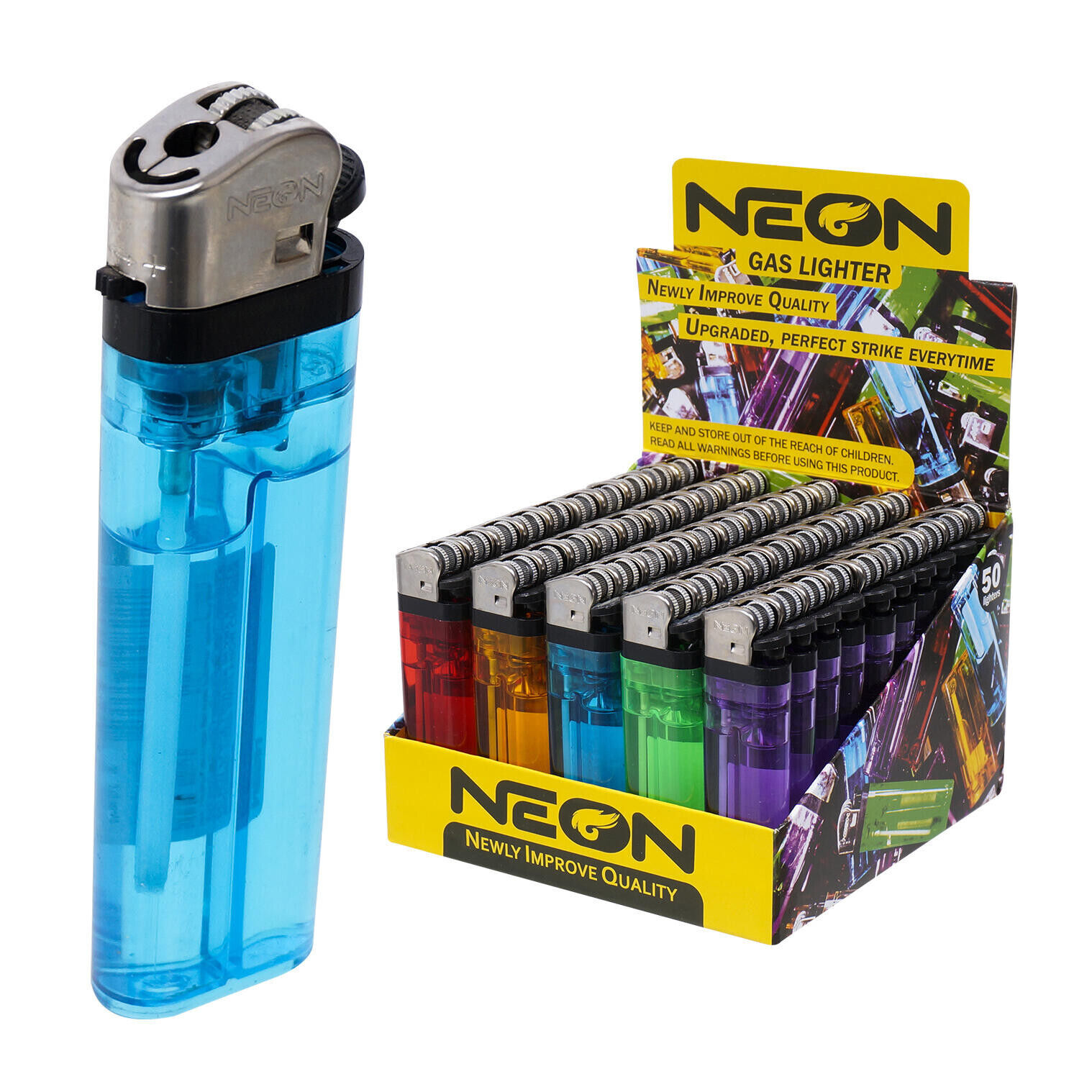 Neon 50 Pcs Full Size Disposable Butane Lighter Display Assorted Color Wholesale
