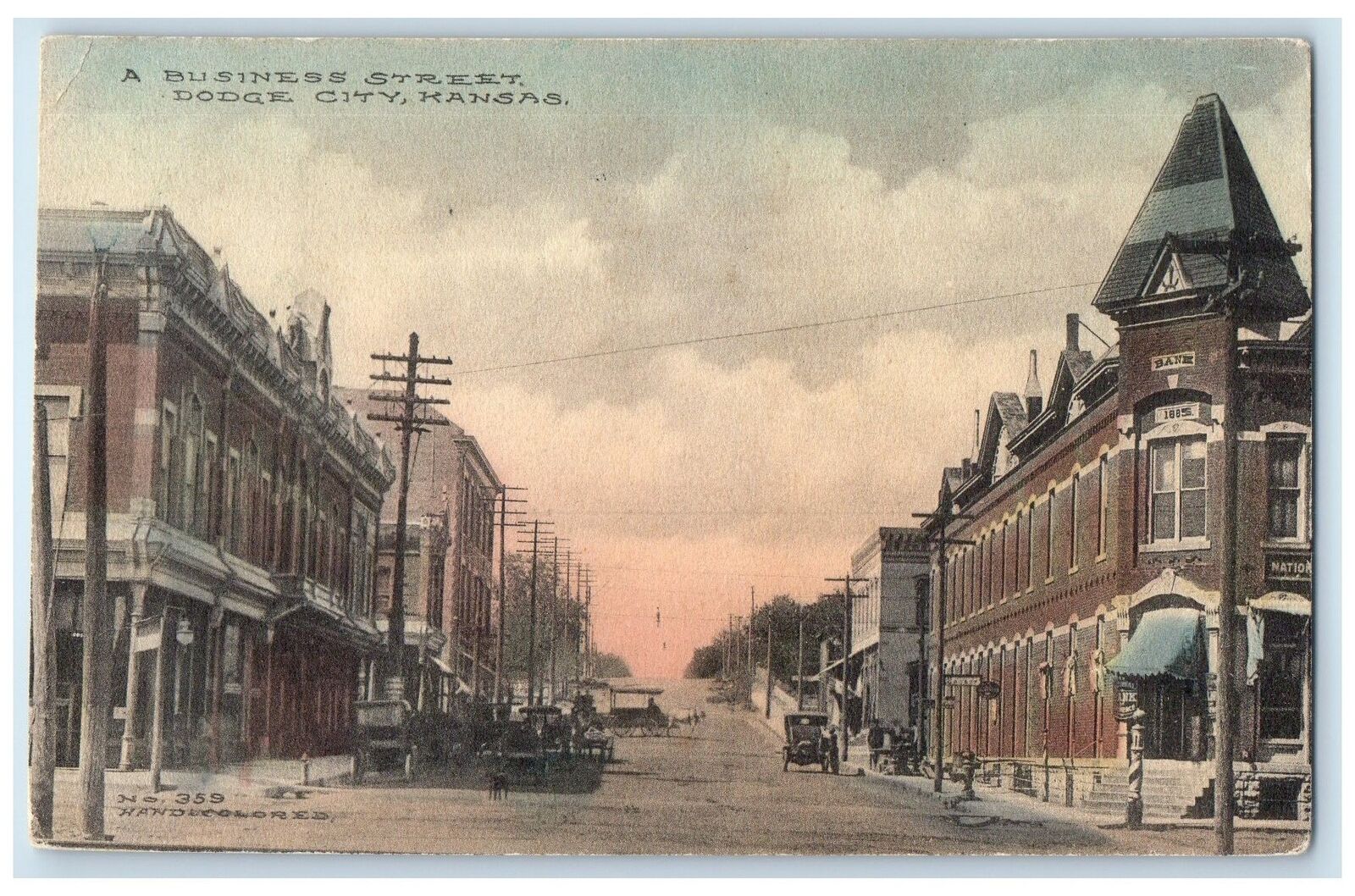 1915 A Business Street Buildings Scene Dodge City Kansas KS Carriages Postcard