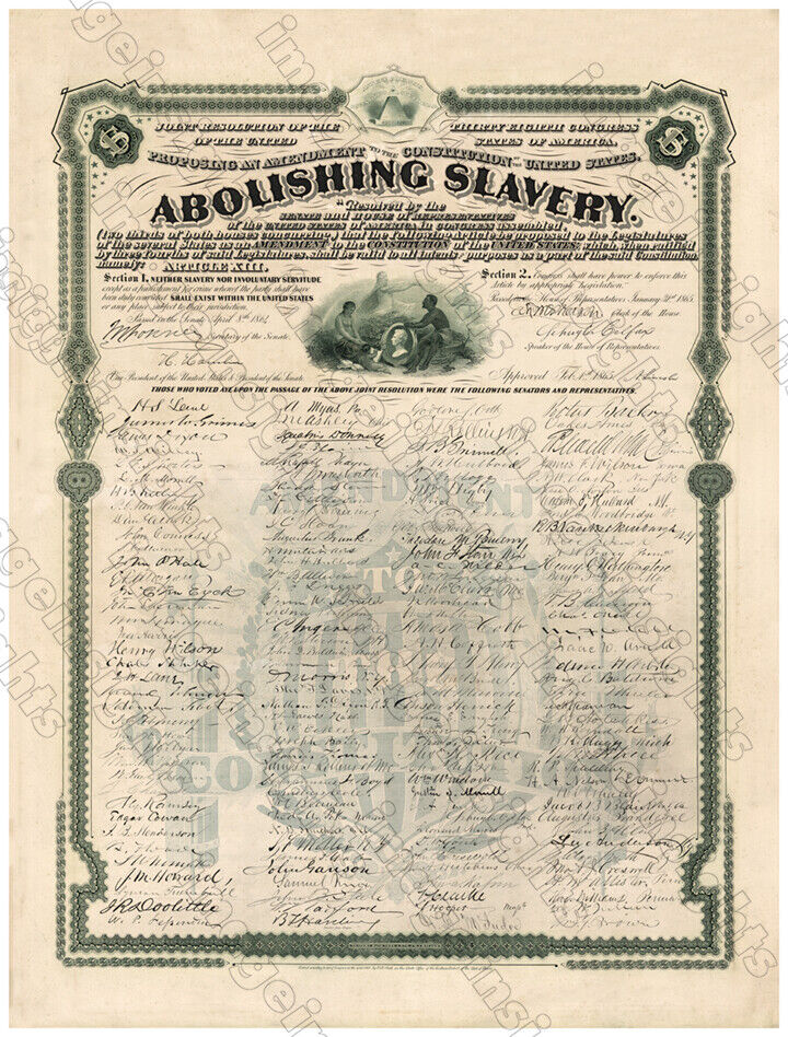 13th AMENDMENT ABOLISHING SLAVERY 1868 Restored Engraving Reprint / Poster 11x14