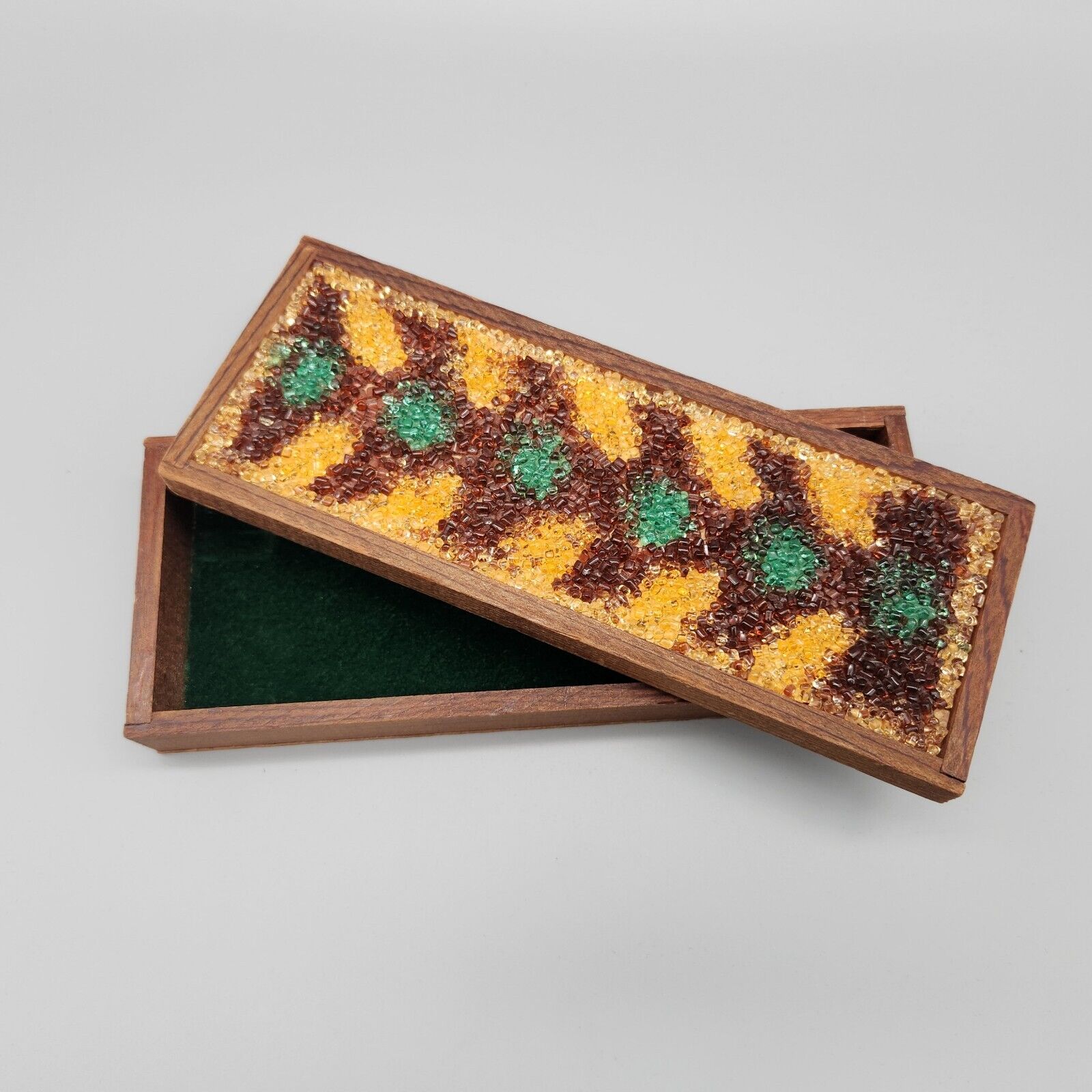Vintage Wooden TRINKET Jewelry Box  Beaded Acrylic Inlaid Lid Mid Century Modern