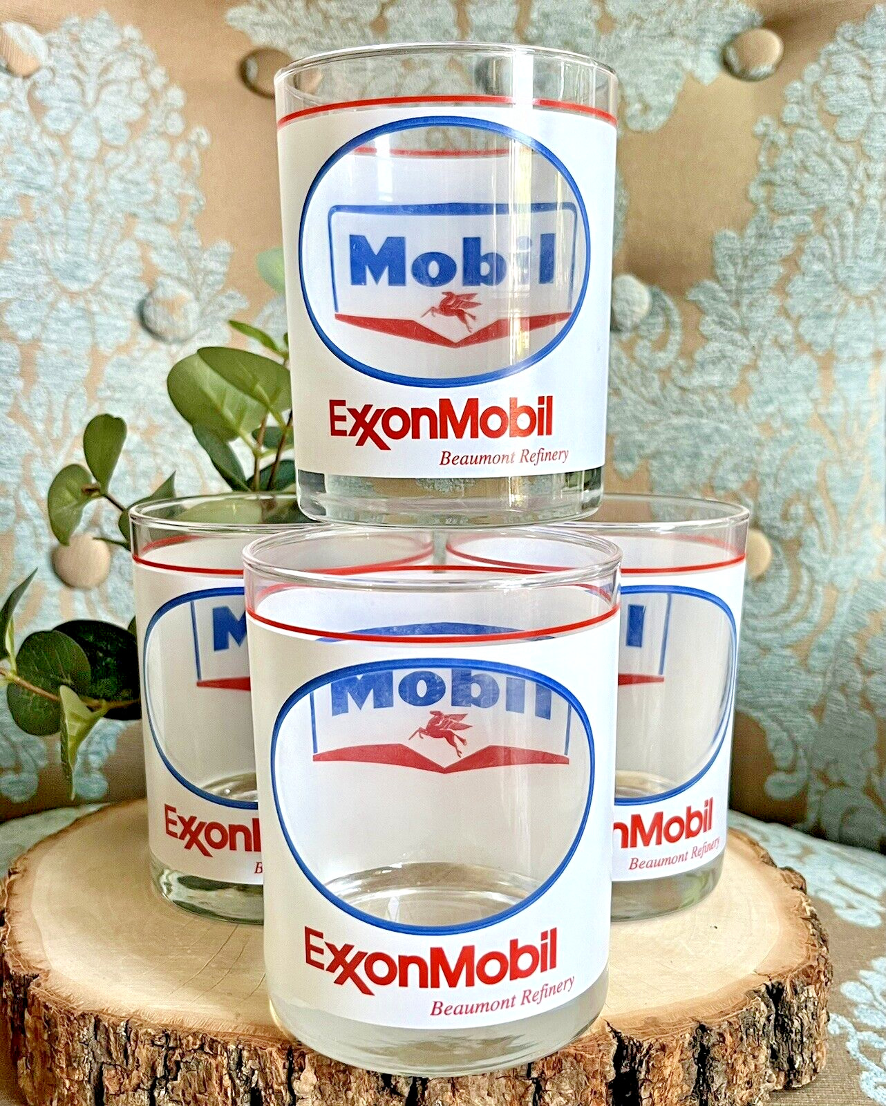 VTG ExxonMobil Mobil Image Clear Drinking Glasses Set/4 Beaumont Refinery Oil