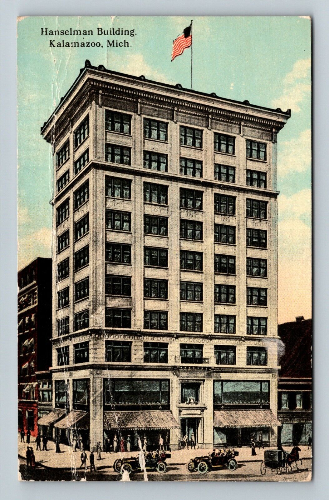 Kalamazoo MI-Michigan, Hanselman Building, American Flag, c1912 Vintage Postcard