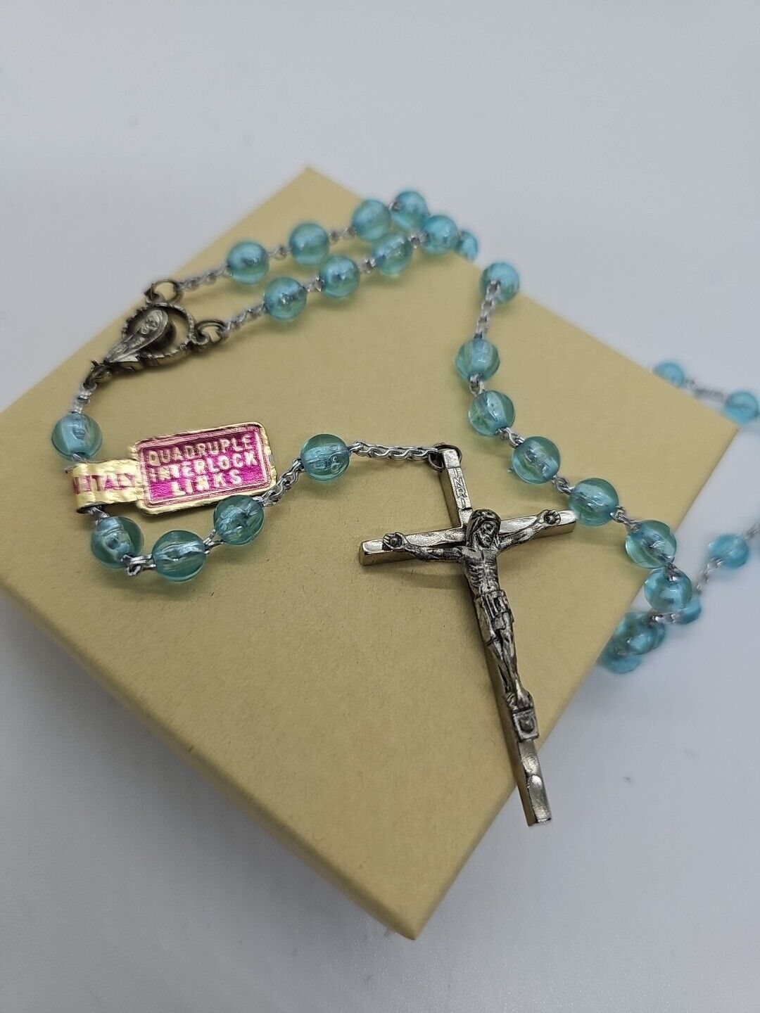 Vintage Aqua Blue Rosary Silver Crucifix Tagged Italy Quadruple Interlock Links 