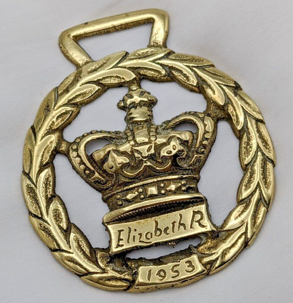 Brass Horse Medallion Vintage English Queen Elizabeth II Coronation Crown 1953
