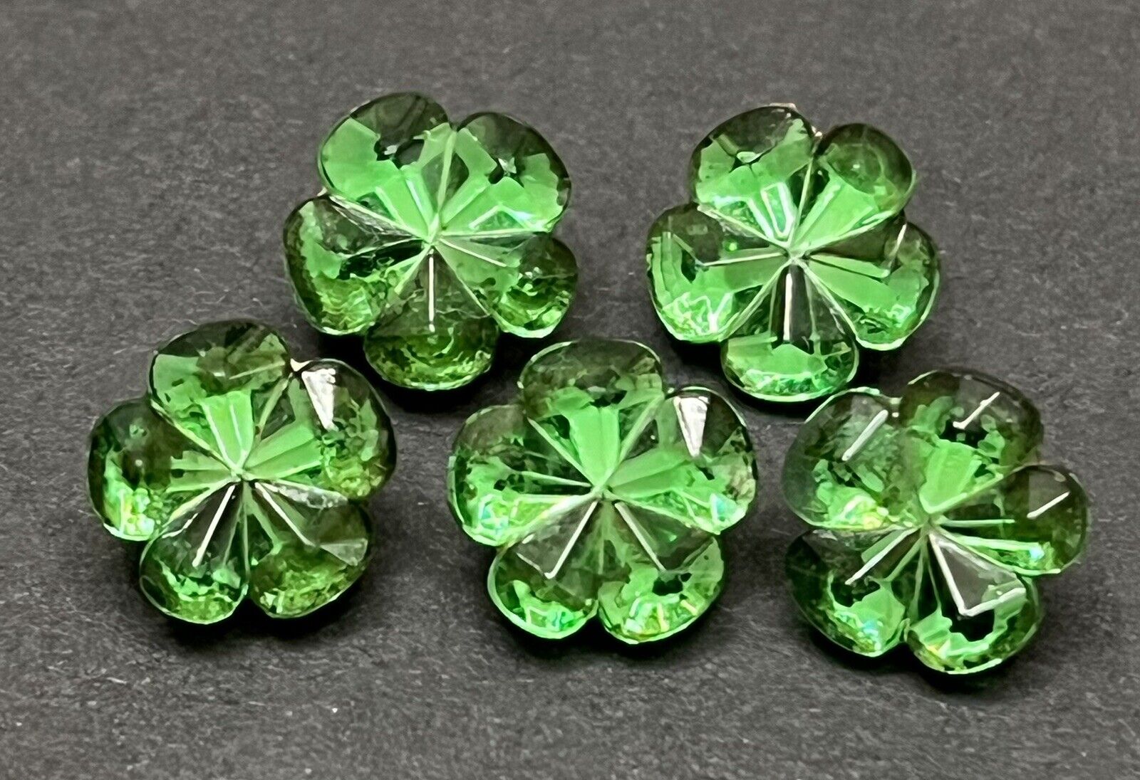 Vintage Set of 5 Green Glass FLOWER/FLORAL 2 pc. Reflector Buttons - 7/16\