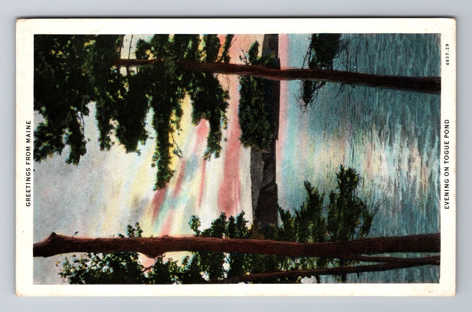 Togue Pond ME-Maine, Evening on Togue Pond, Greetings, Vintage Souvenir Postcard