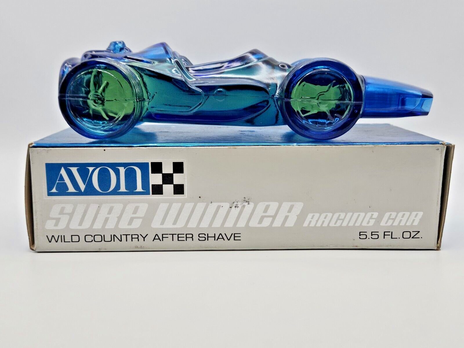 Vintage 70s Avon Full Blue Glass Race Car After Shave Bottle Garage Decor Man