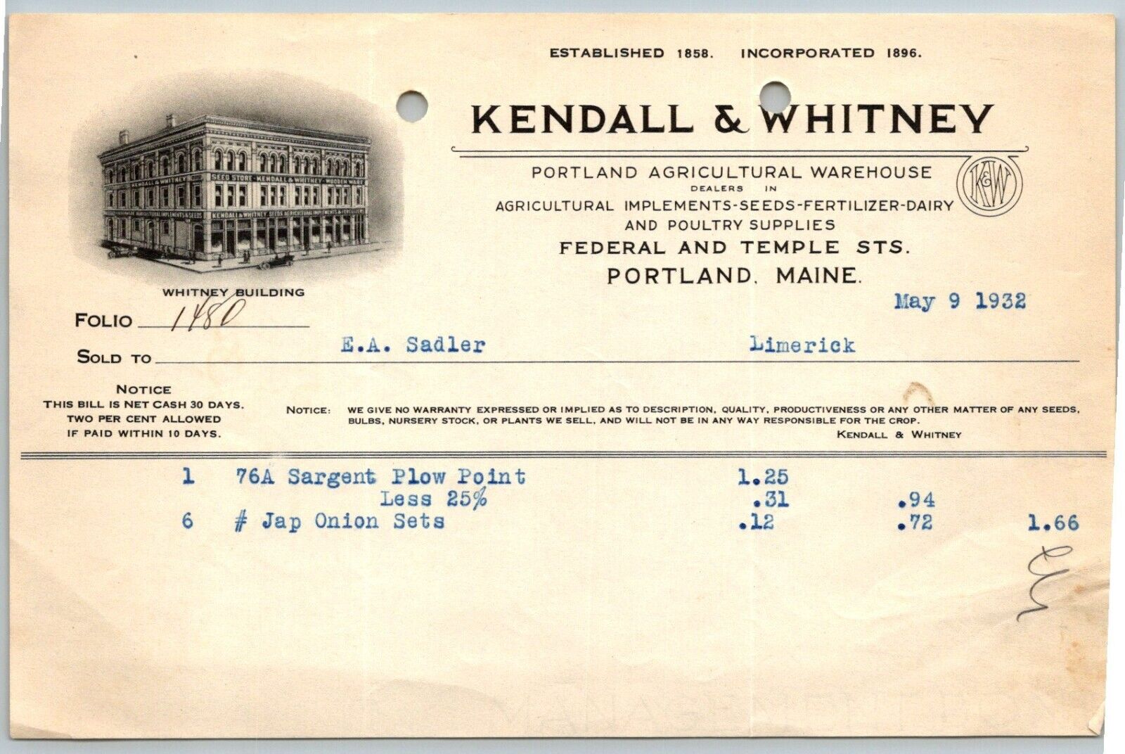 1932  Portland  Maine  Kendall & Whitney    5\