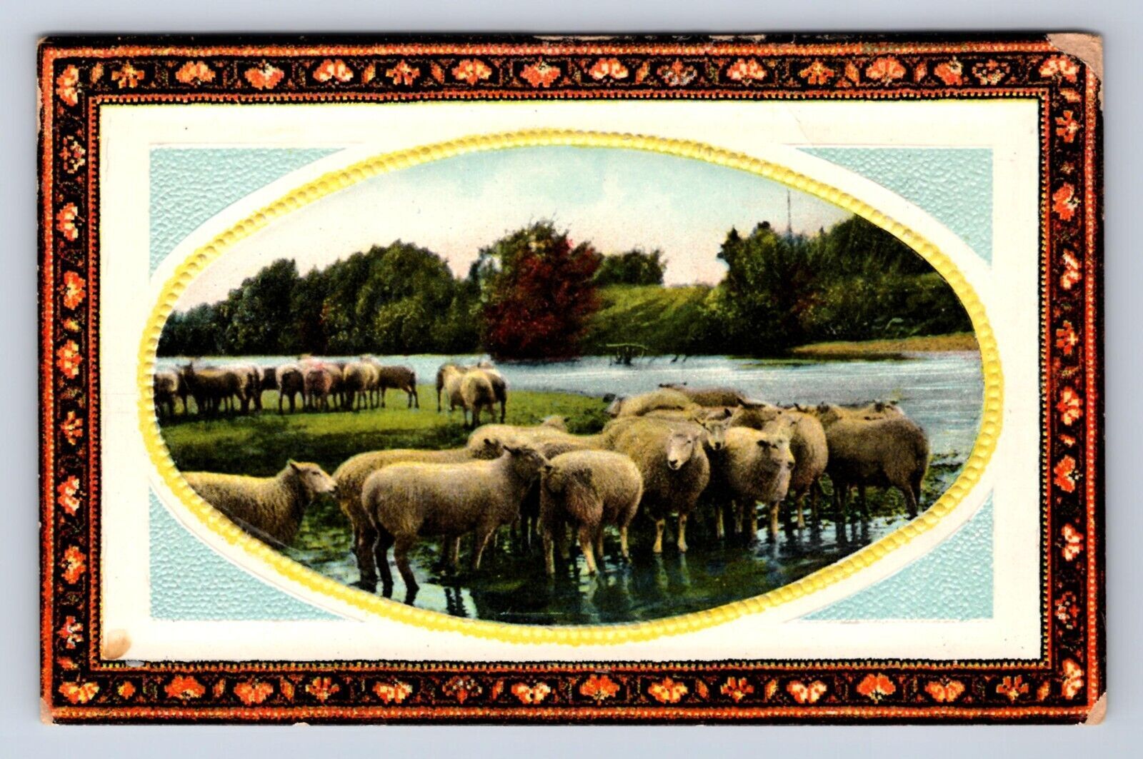 VINTAGE 1900S SHEEP AT LAKE EMBOSSEED POSTCARD DN