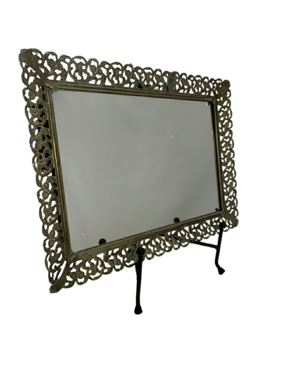 Large Vintage Gold Ornate Hollywood Regency Rectangular Vanity Mirror Tray 11x14