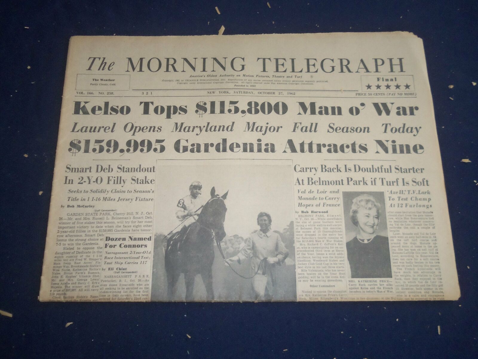 1962 OCTOBER 27 THE MORNING TELEGRAPH - KELSO TOPS $115,800 MAN O' WAR - NP 5547