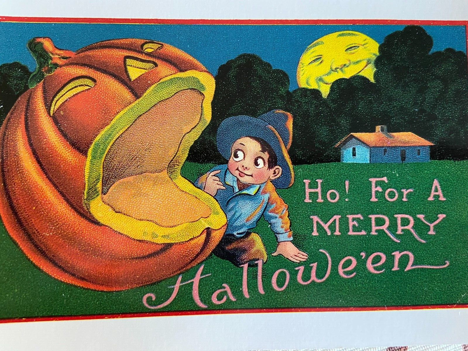 vintage Halloween postcard  giant pac man pumpkin boy moon reproduced