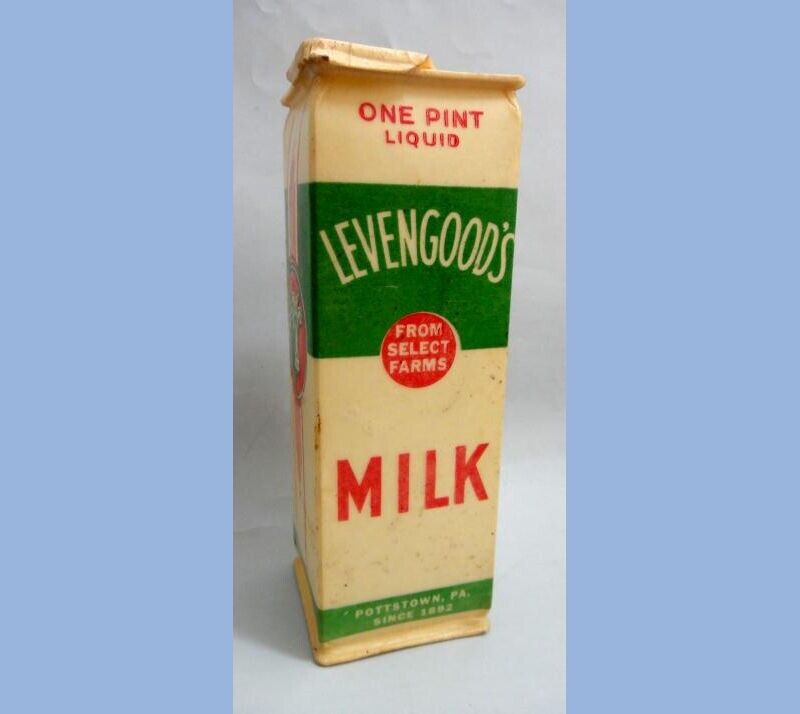 vintage LEVENGOOD\'S pint WAX CARDBOARD MILK CONTAINER w LID DAIRY