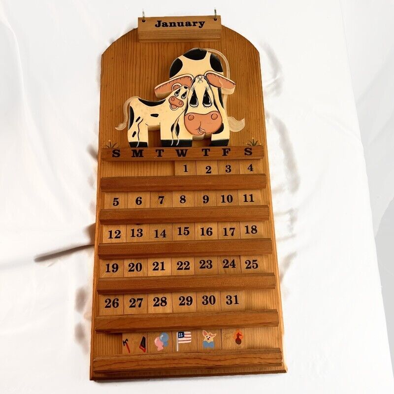 Complete Vintage Wood Perpetual Calendar Wall Hanging Tiles Cows