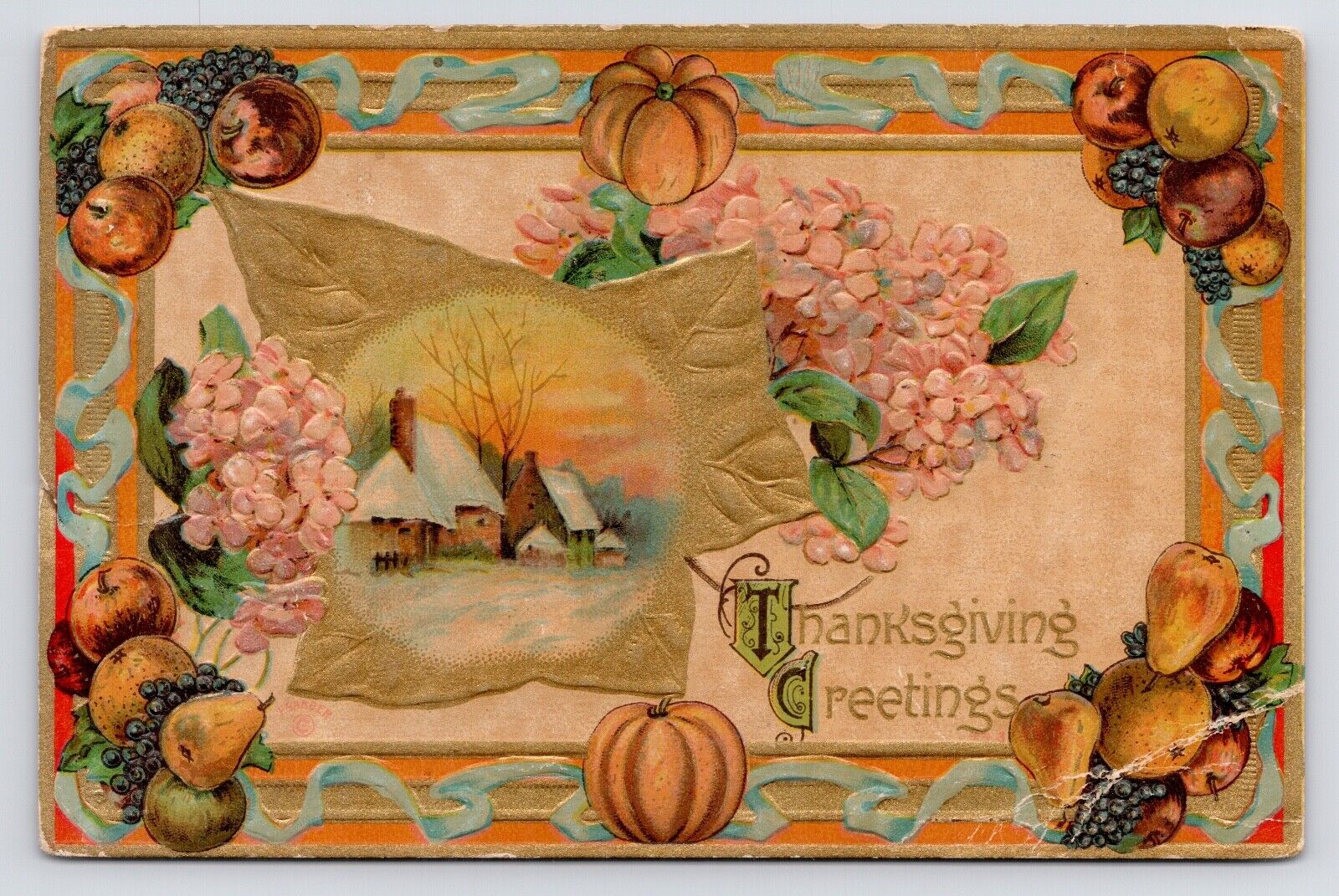 1910 Thanksgiving Greeting Snowy Cottage Pumpkin & Fruit Border Art Postcard